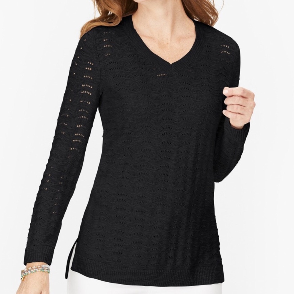 Talbots Petite Women Xlp Black Soft Pointelle Open Knit Pullover V-Neck Sweater